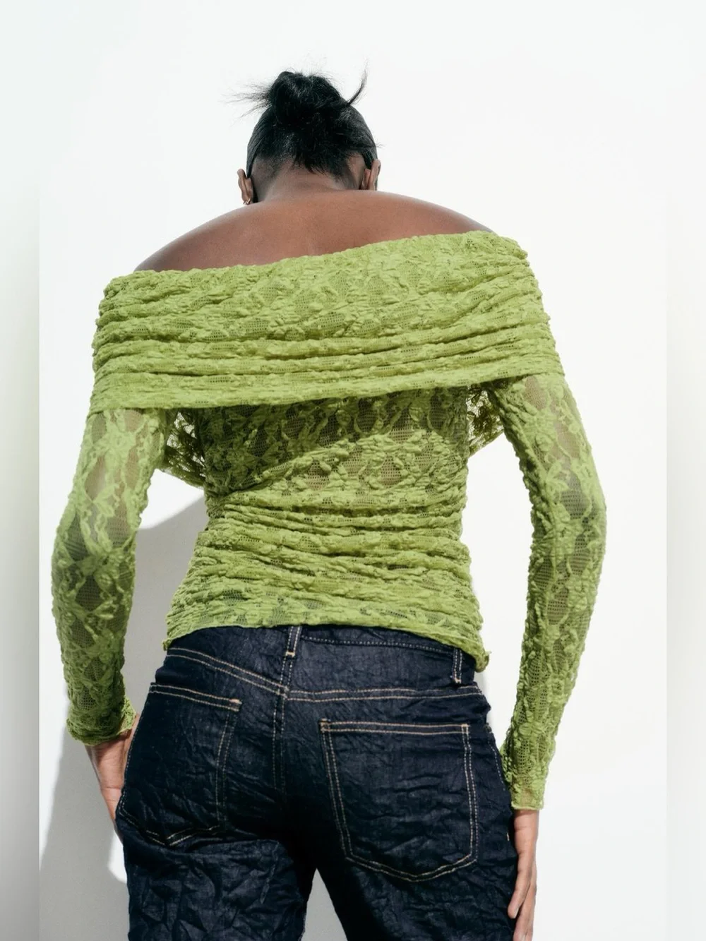 Zara Lace Top With Open Shoulders Translucent Square Neckline Pistachio Green